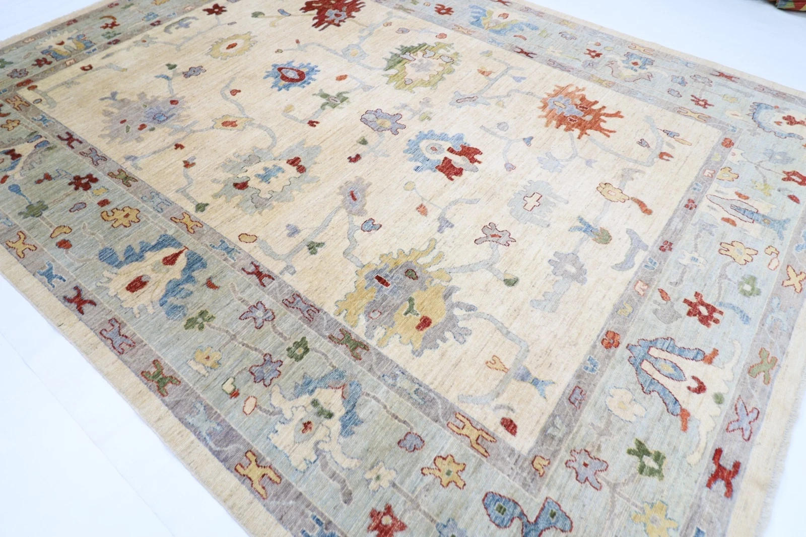 Hand Knotted Oushak Wool Rug Cream Ivory Pastel Floral Turkish Area Carpet 8×10
