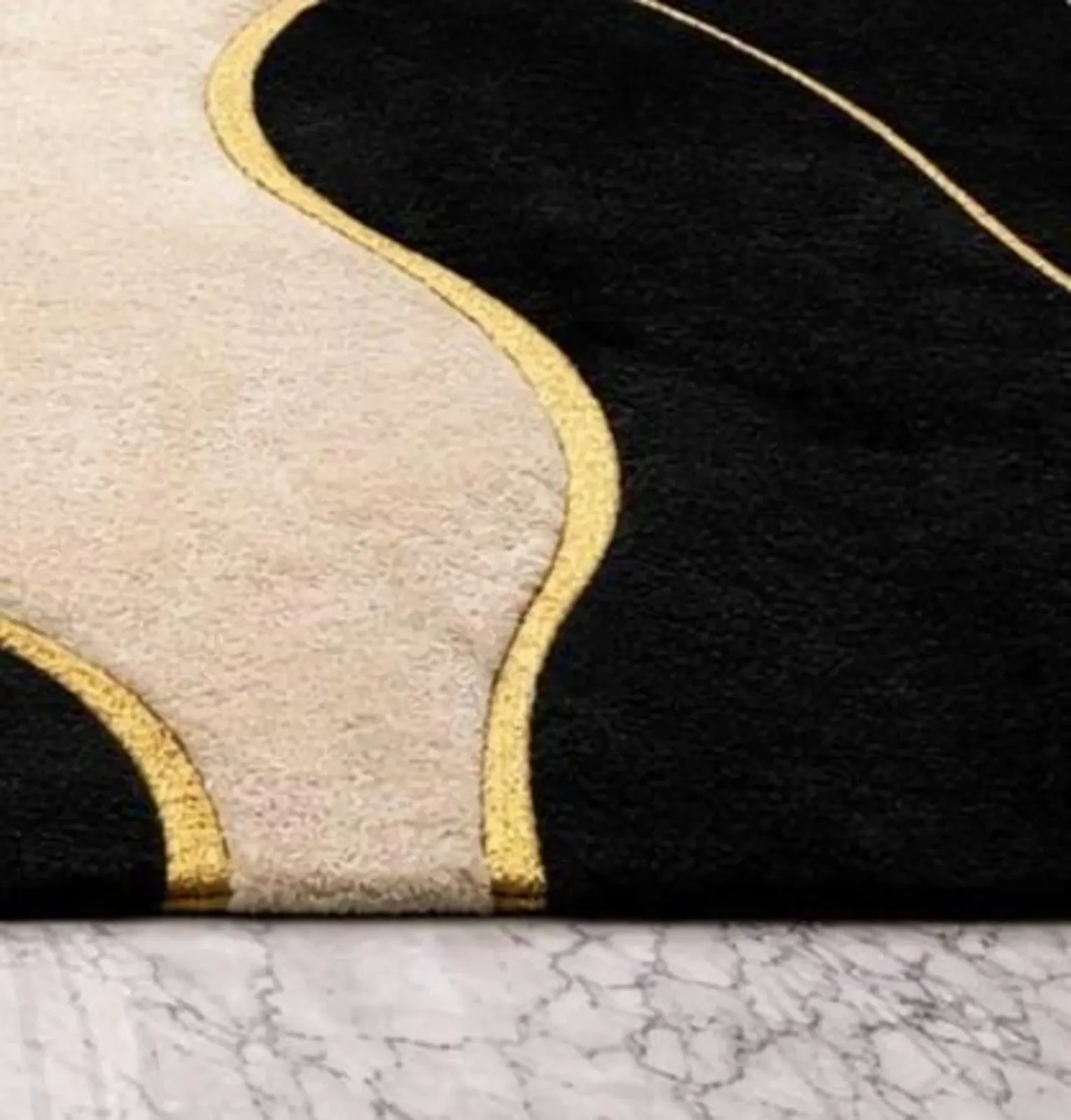 Hand-Tufted Wool Area Rug – Black Gold Abstract Flowing Lines Designer Carpet