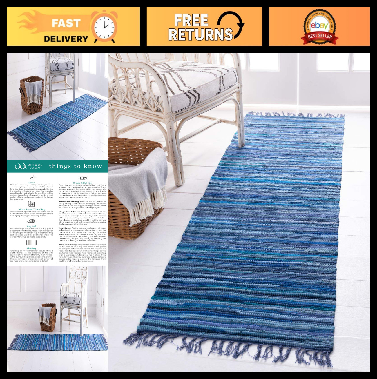 Soft Hand Woven Cotton Striped Area Rug, Natural Fiber, 2’7″ x 9’10”, Navy/Ivory