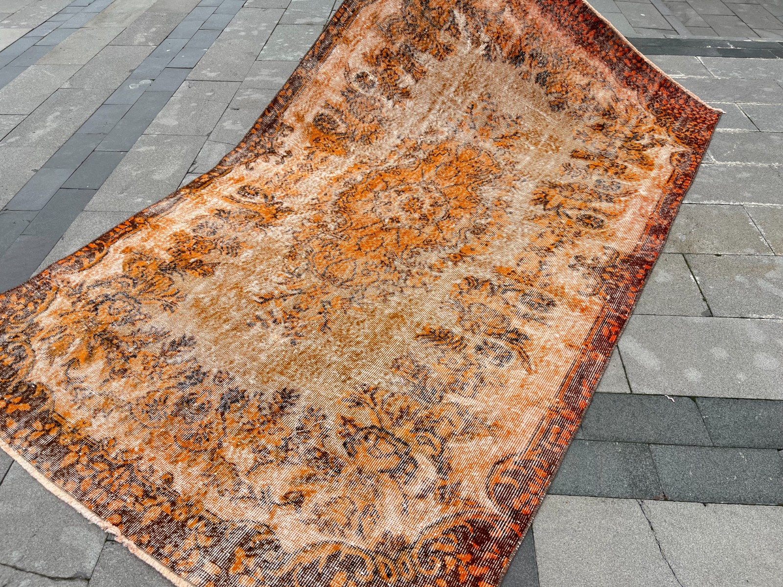 5.4×9.3 Ft Vintage Overdyed Turkish Rug Distressed Oushak Orange Wool 5×9