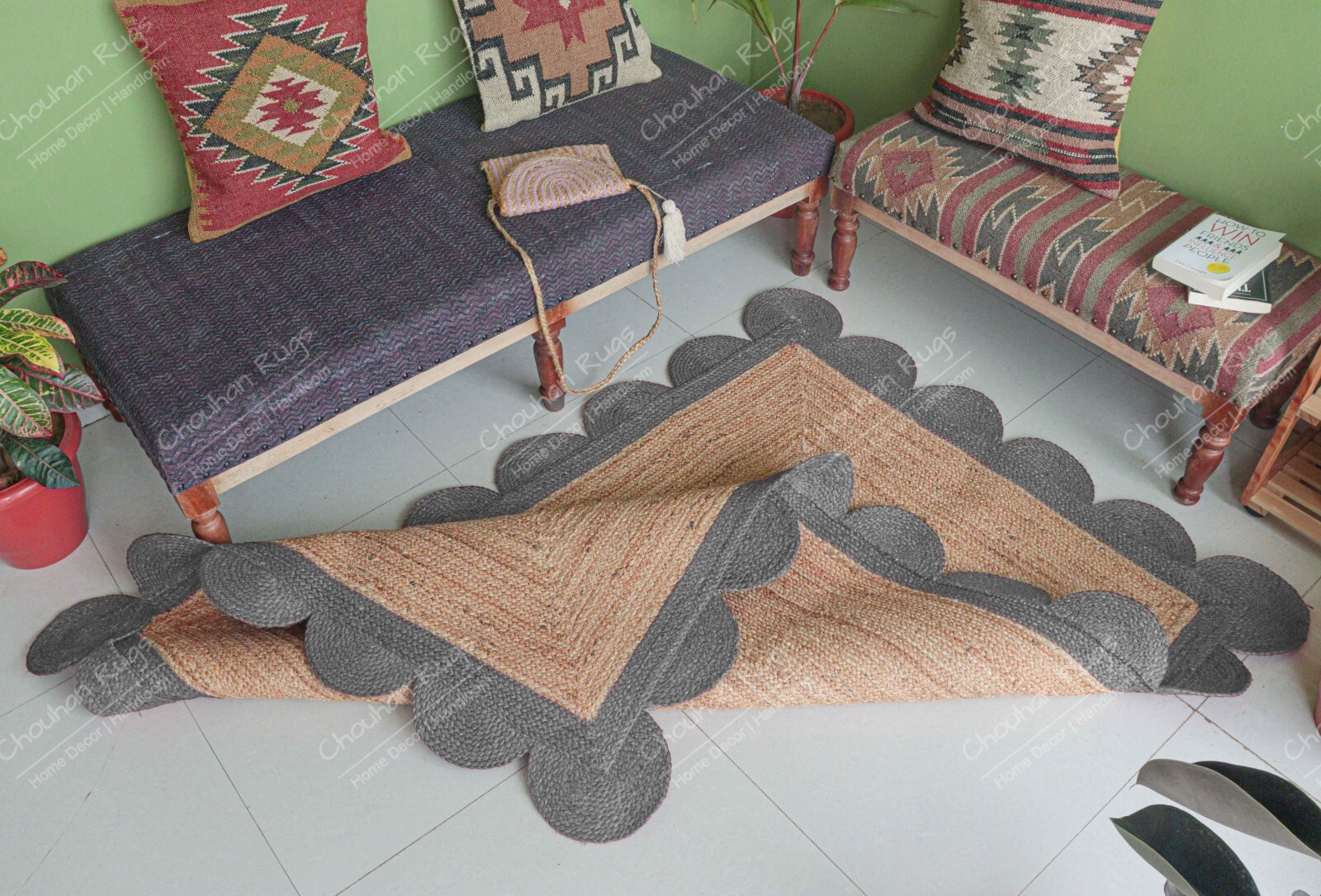 Natural Hand Braided Square Jute Rug Beige & Lite Gray Scalloped Home Décor Rug