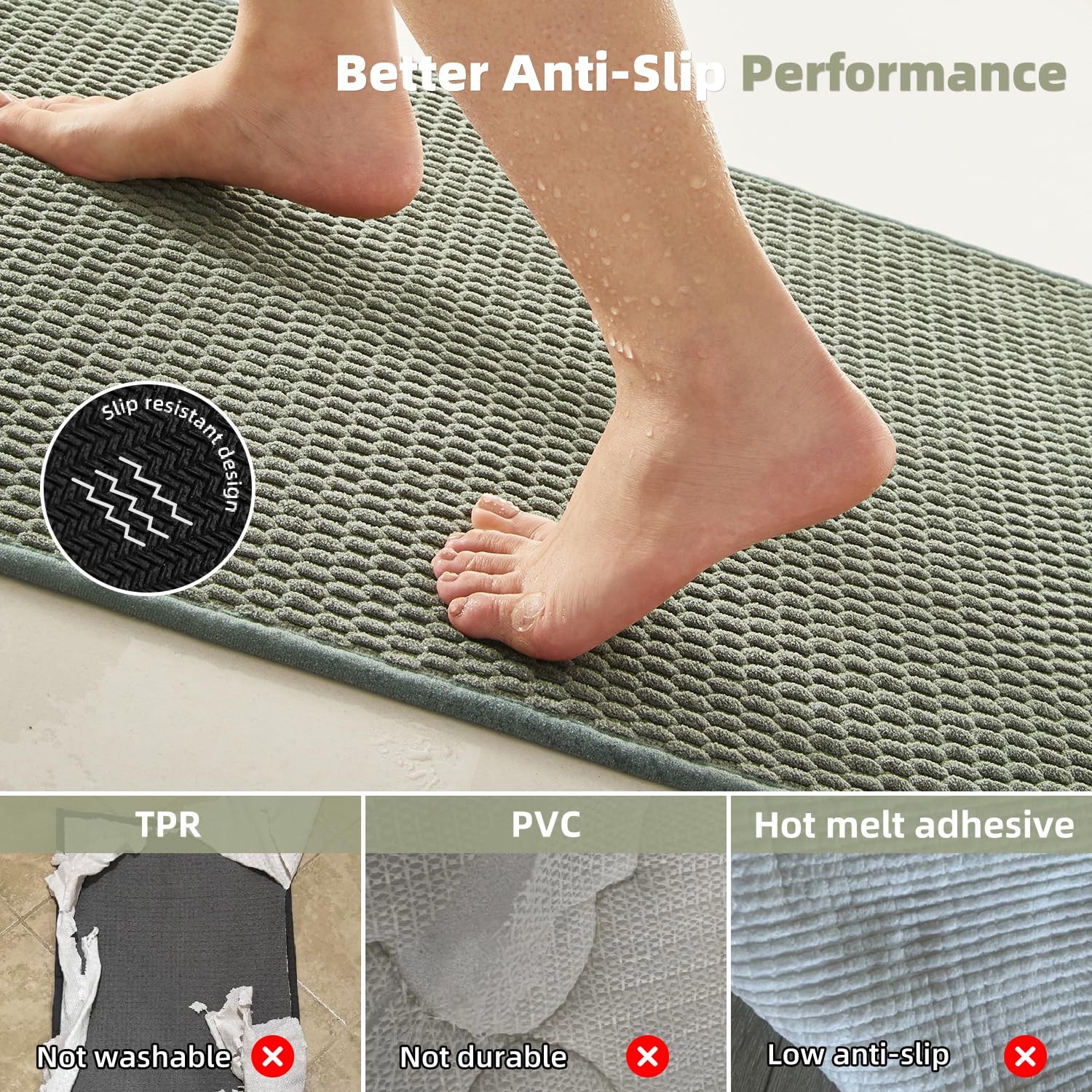 TYUU Large Sage Green Non-Slip Bath Rug – 36″x60″ Washable, Absorbent Mat