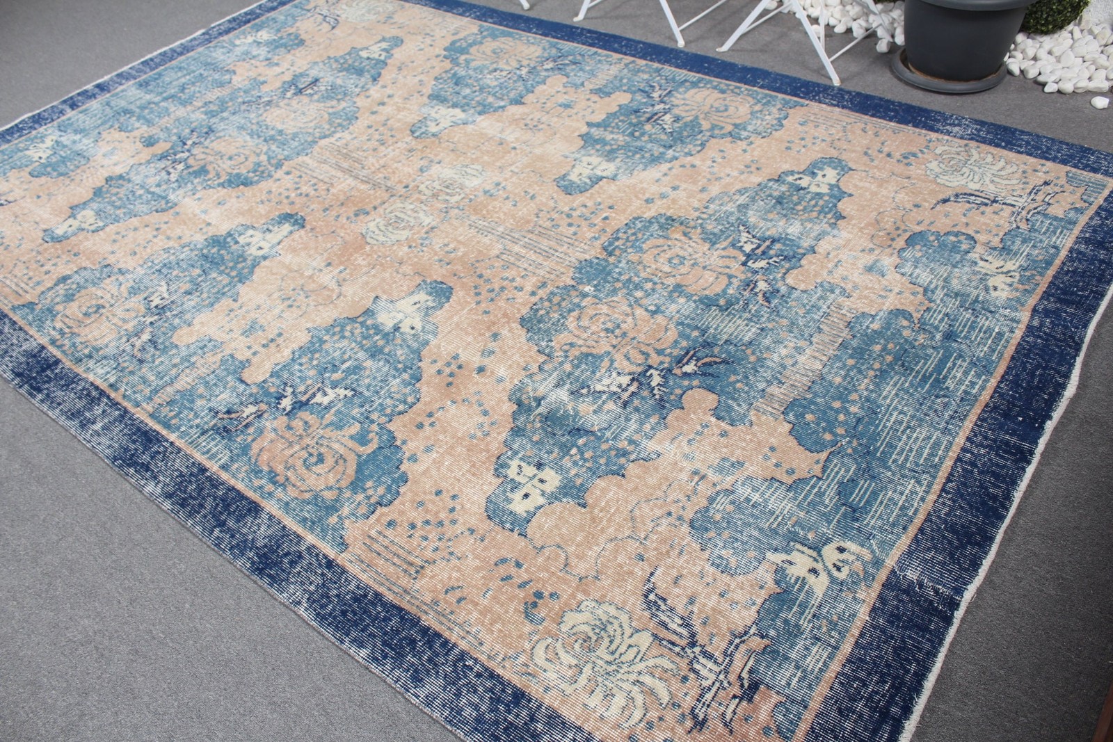 Vintage Rug, 6,9×10,6 ft Oversize Rug, Blue Oriental Wool Turkish Rug