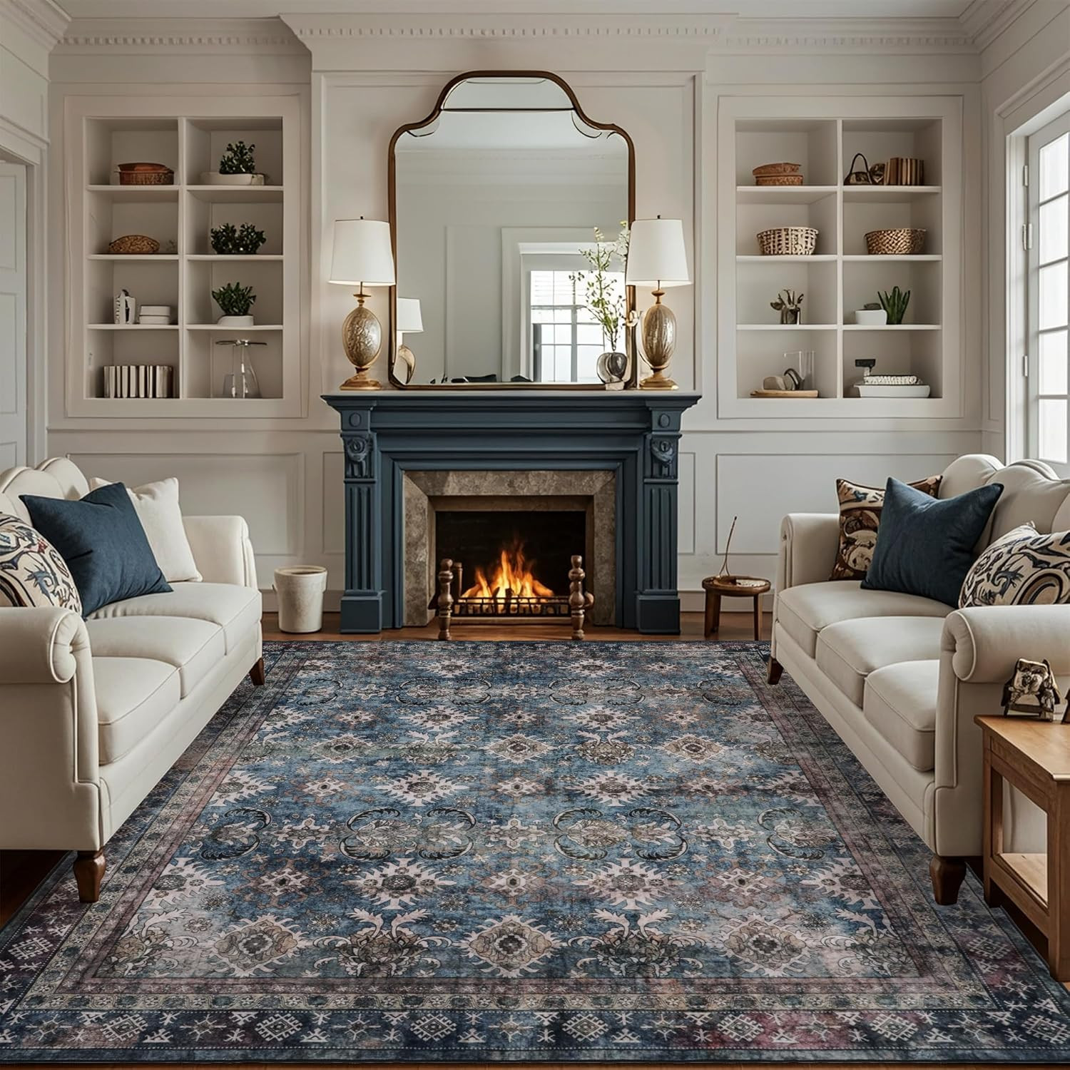 Area Rug for Living Room: 8X10 Dark Blue Navy Washable Boho Vintage Area Rugs –