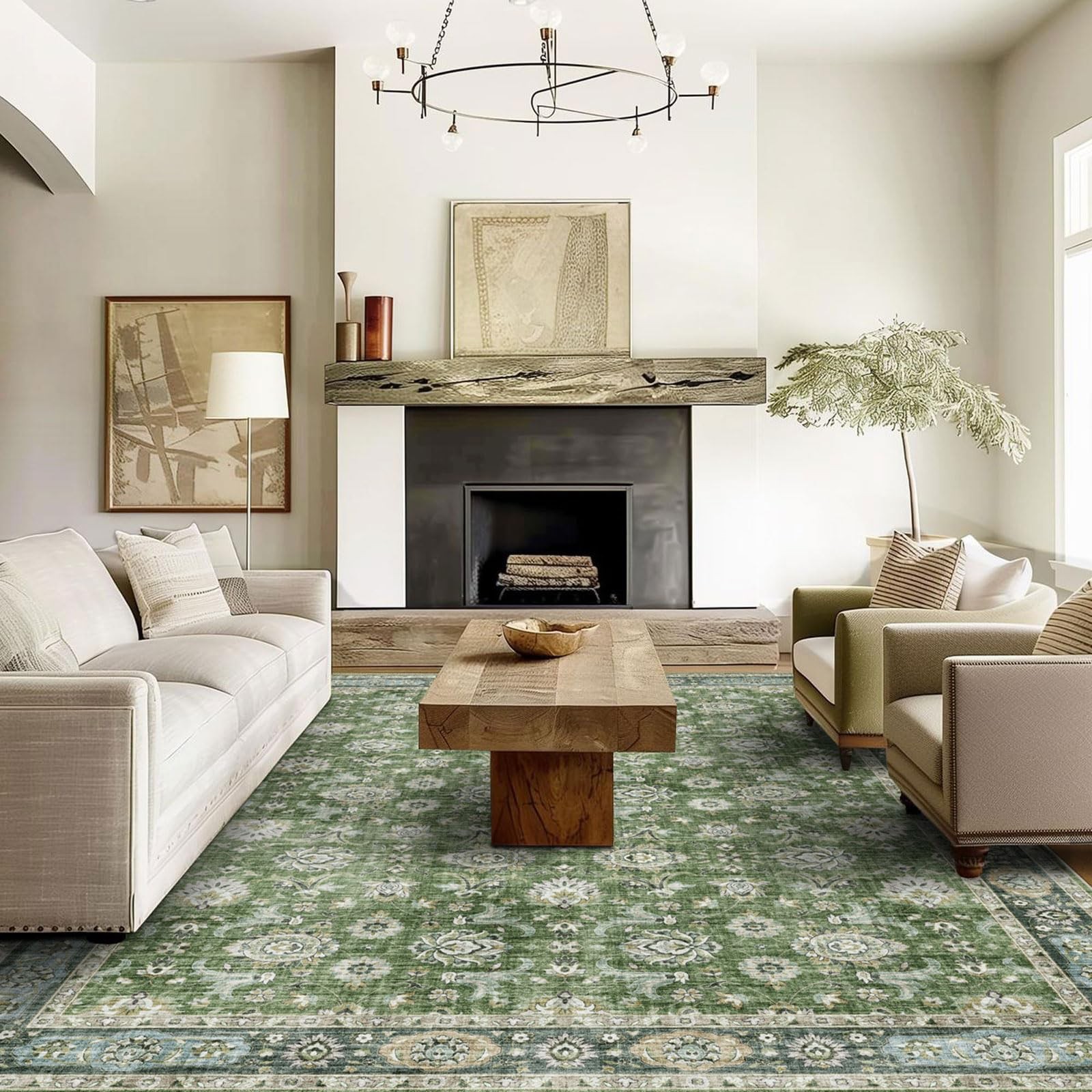 Blissa Washable Area Rug 6X9 – Large Green Living Room Rug Vintage Retro Carpet