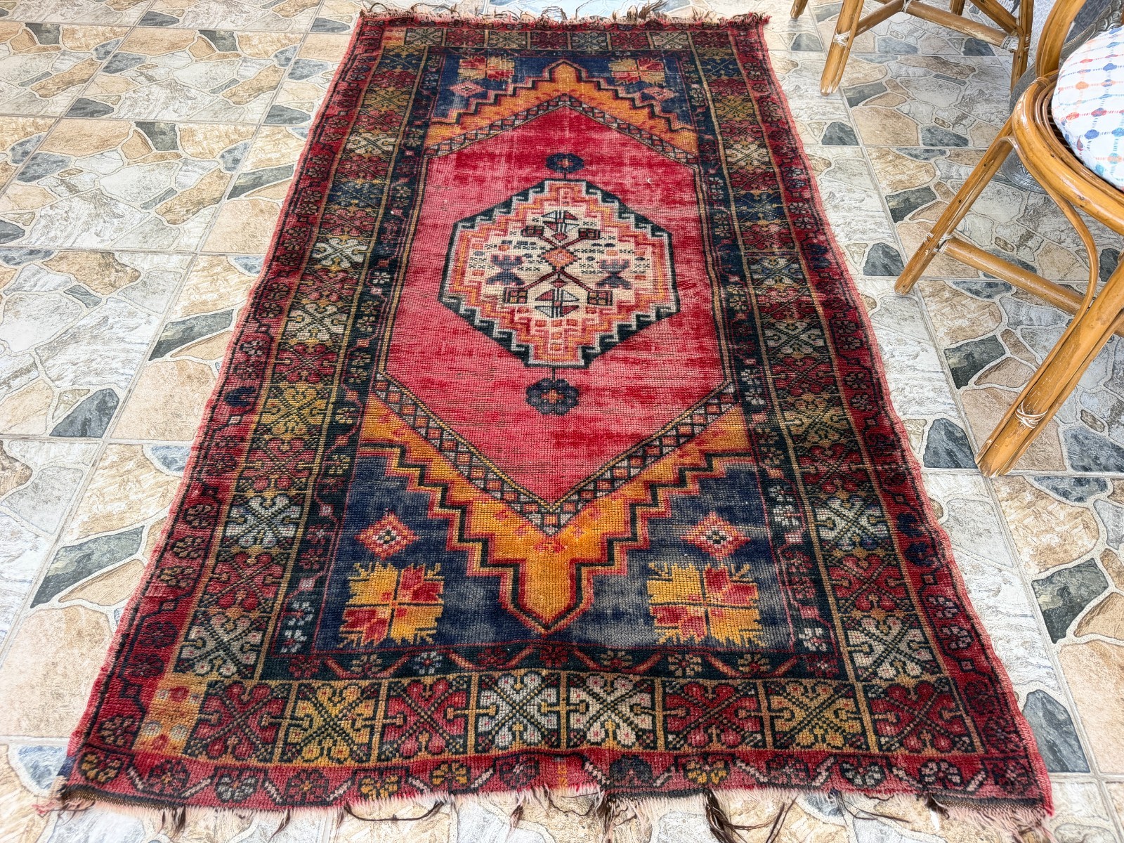 1980s Geometric Turkish Vintage Rug, Distressed Handmade Anatolian Wool Area 4×6