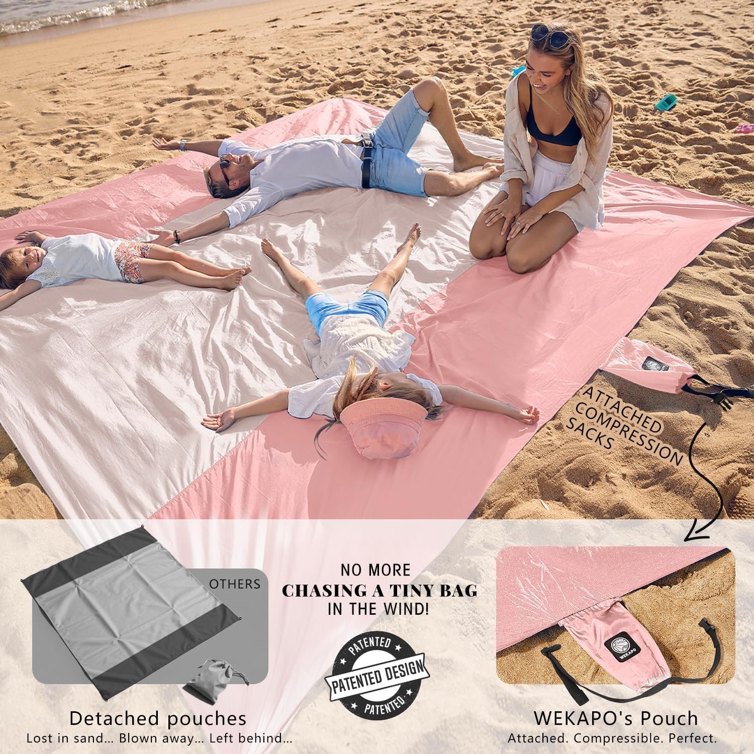 WEKAPO Beach Blanket Sandproof Waterproof, 9×10 FT (1～8 person), Pink