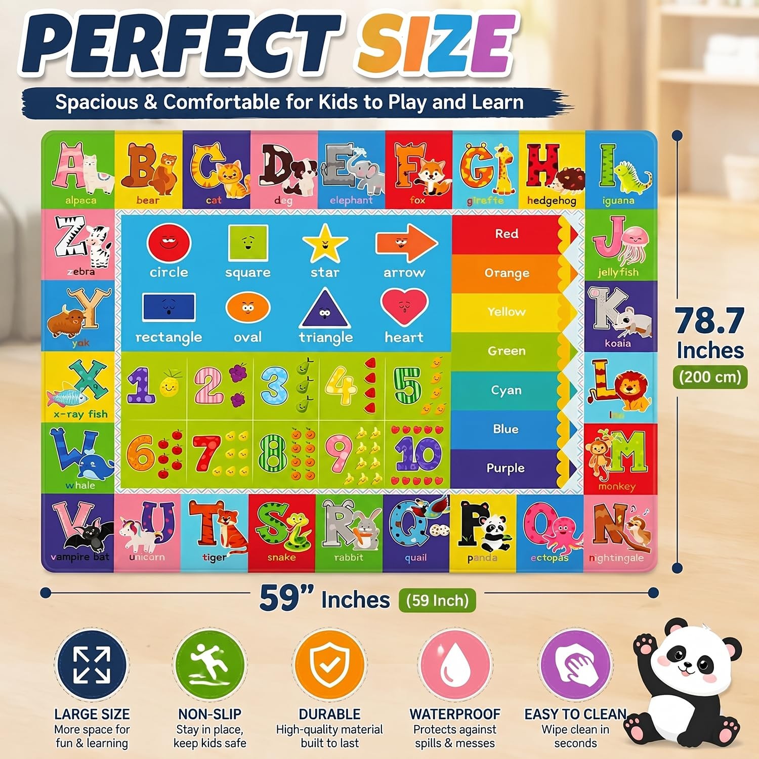 ABC Kids Play Rug, 78.7″ X 59″, Non-Slip Backing, Soft Low-Pile – Ideal