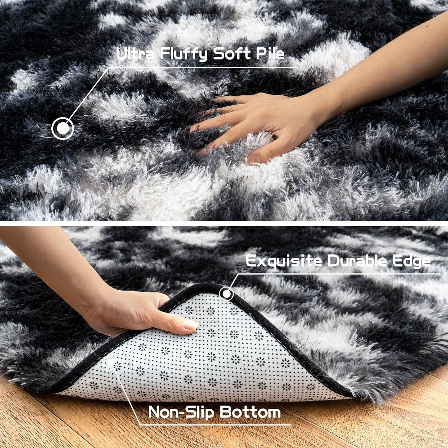 Fluffy Area Rugs Soft Large Black White Plush Carpet for Living & Bedroom Floor