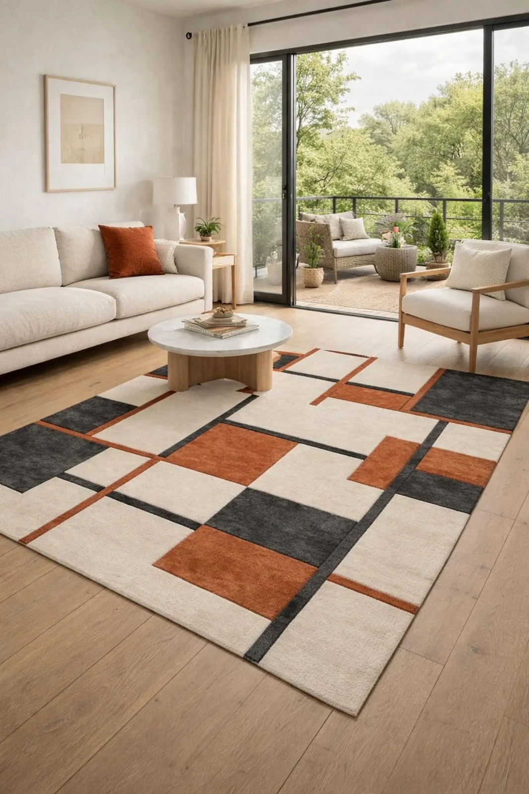 Hand Tufted Wool Area Rug | Modern Geometric Tiles, Rust Black Beige Carpet.
