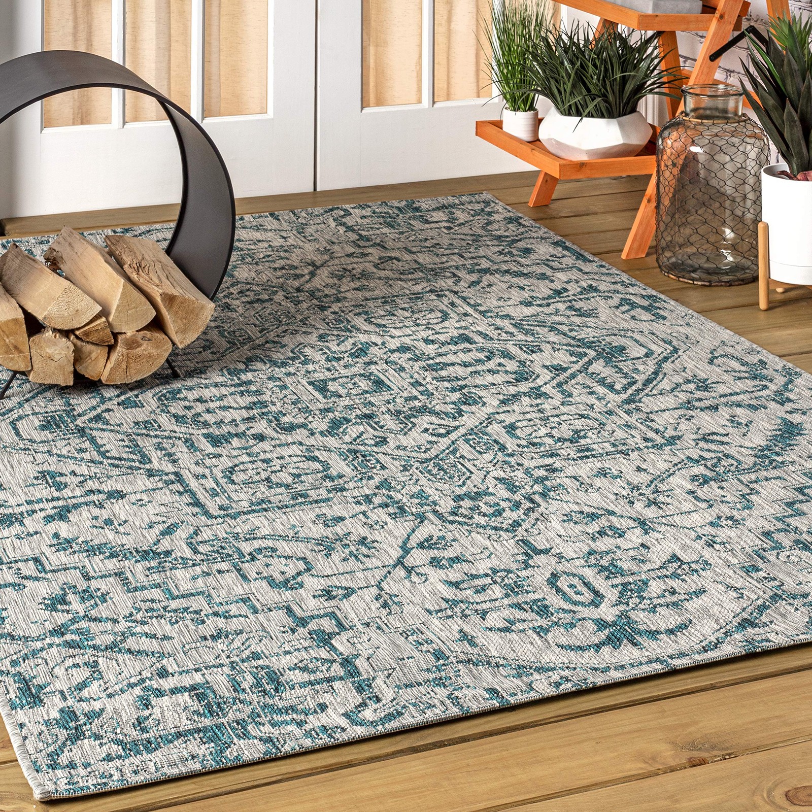 Teal Gray Indoor Outdoor Durable Rug Low Pile Pet Friendly Machine Woven 3×6
