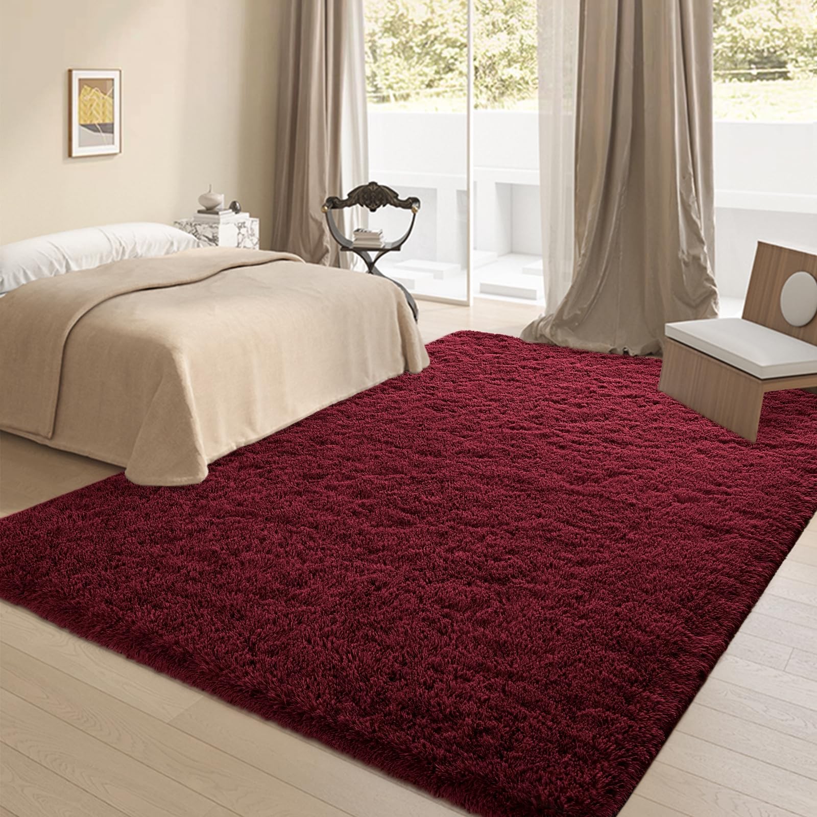 Fluffy Burgundy Red Rugs for Bedroom, 4×6 Feet Dark Red Area Rug for Living R