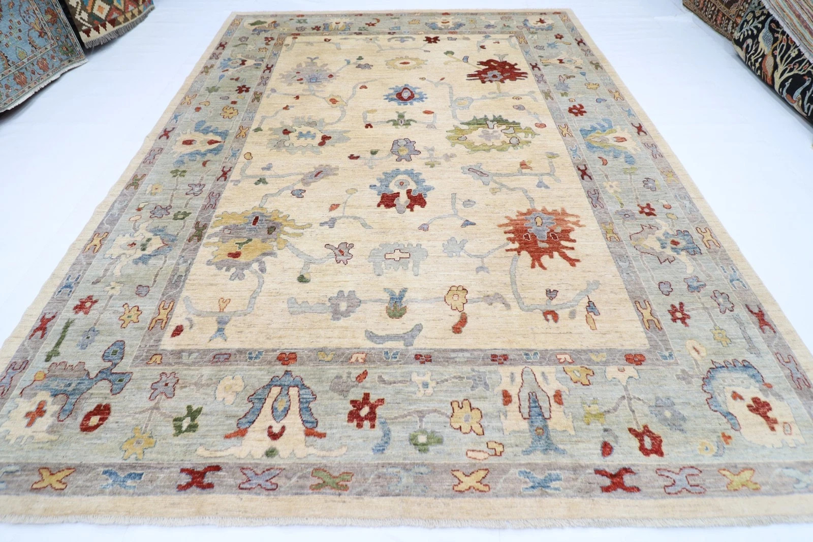 Hand Knotted Oushak Wool Rug Cream Ivory Pastel Floral Turkish Area Carpet 8×10