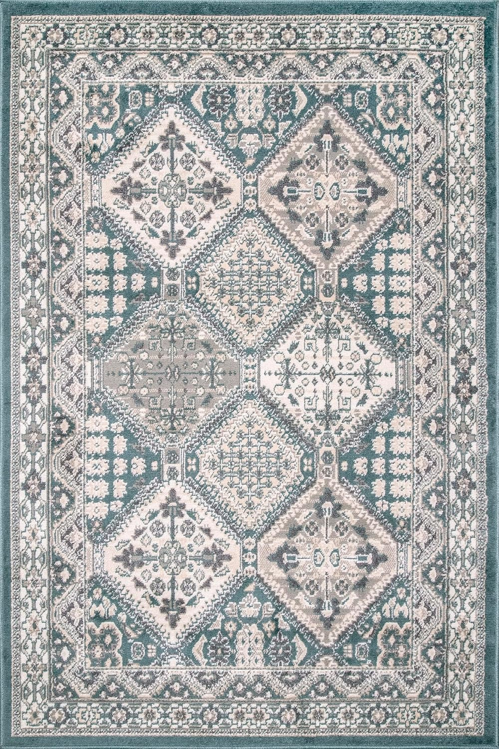 6’7″ X 9′ Becca Traditional Tiled Area Rug, Blue, Faded Transitional Design, Sta