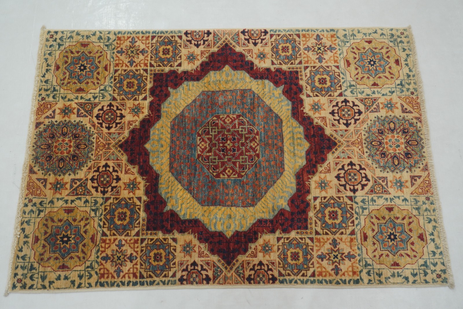 3×4 ft Ivory Beige Mamluk Afghan Hand Knotted Wool Medallion Rug