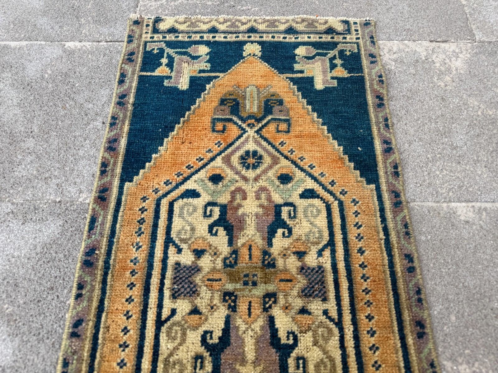 Handwoven Anatolian Accent Carpet 1.4×3.1 Ft Navy Camel Tribal Wool Decor