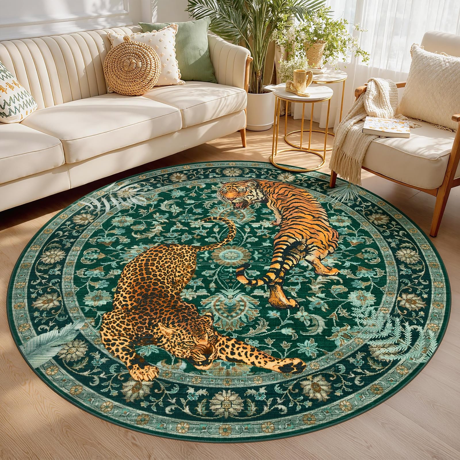 Joydeco Tiger Print Boho Washable Round Rugs 6Ft Non Slip Green Cheetah Circle