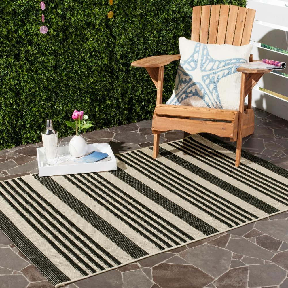 Outdoor Washable Rug – 6’7″ x 9’6″, Black & Bone, Easy Clean, Non-Shedding