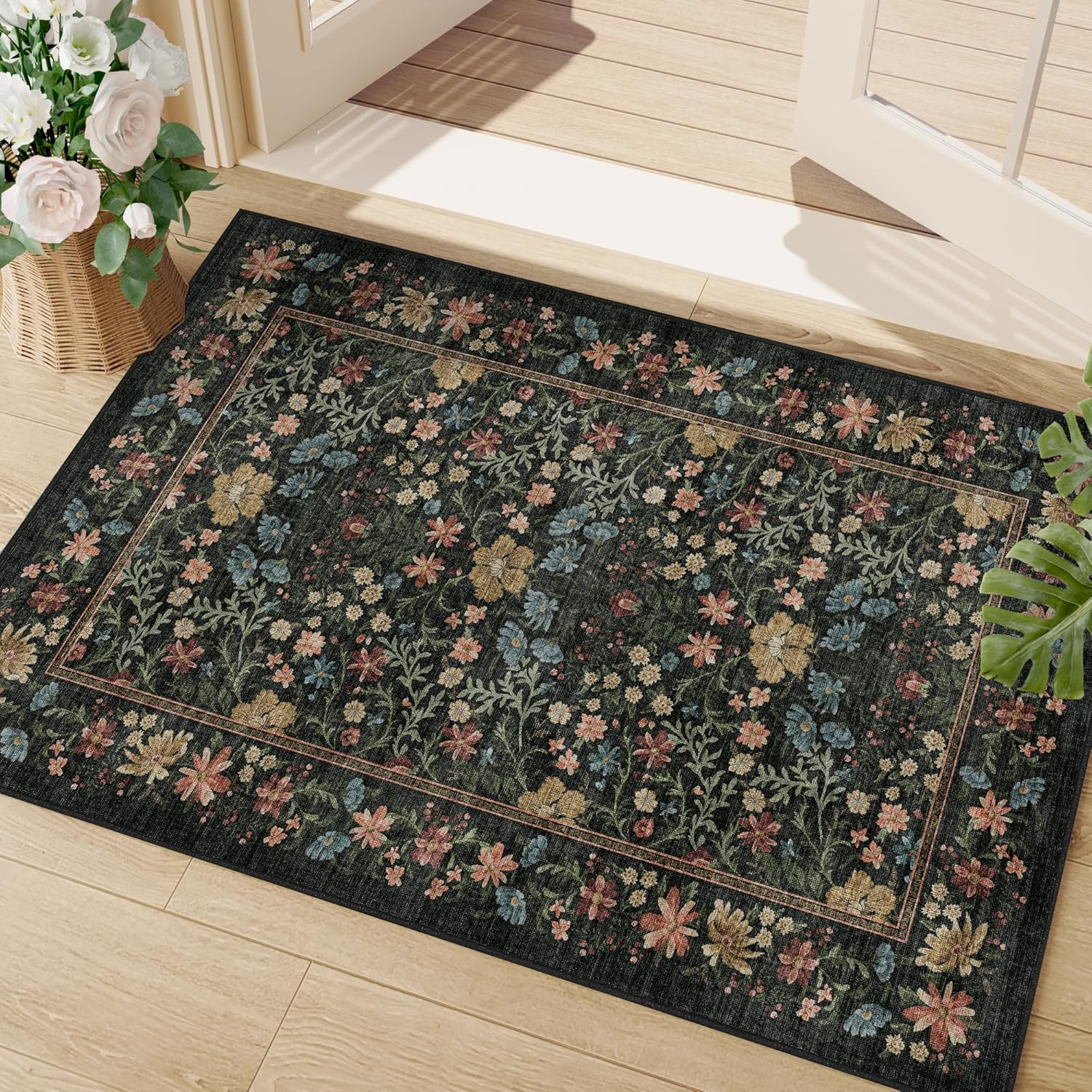 DUKINO 2×3 Entryway Rug, Floral Washable Area Rug with Non Slip Indoor Door Mat,