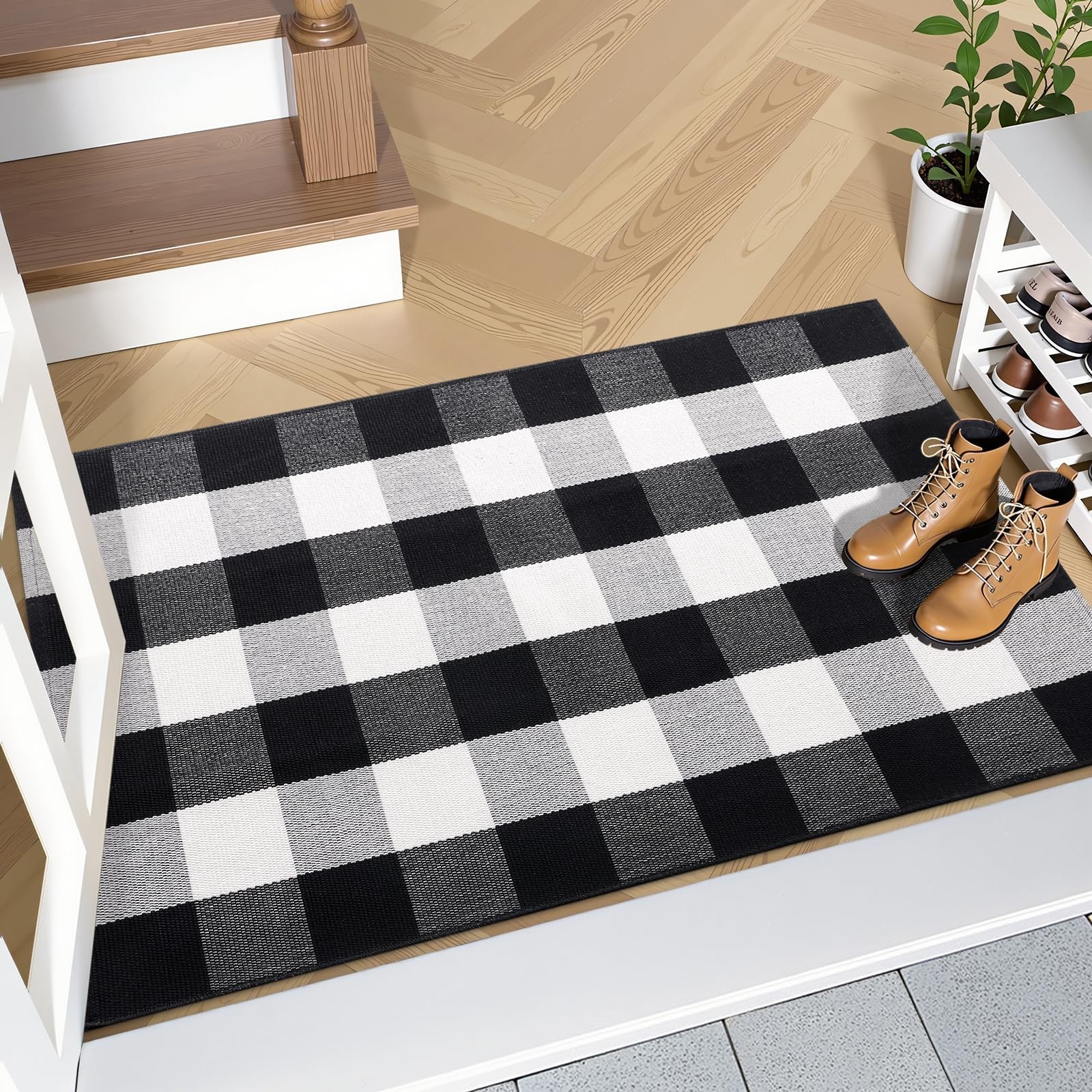 Buffalo Plaid Rug 2’4″ x 3’7″ 27.5″ x 43″ – Black and White Cotton Checkered …