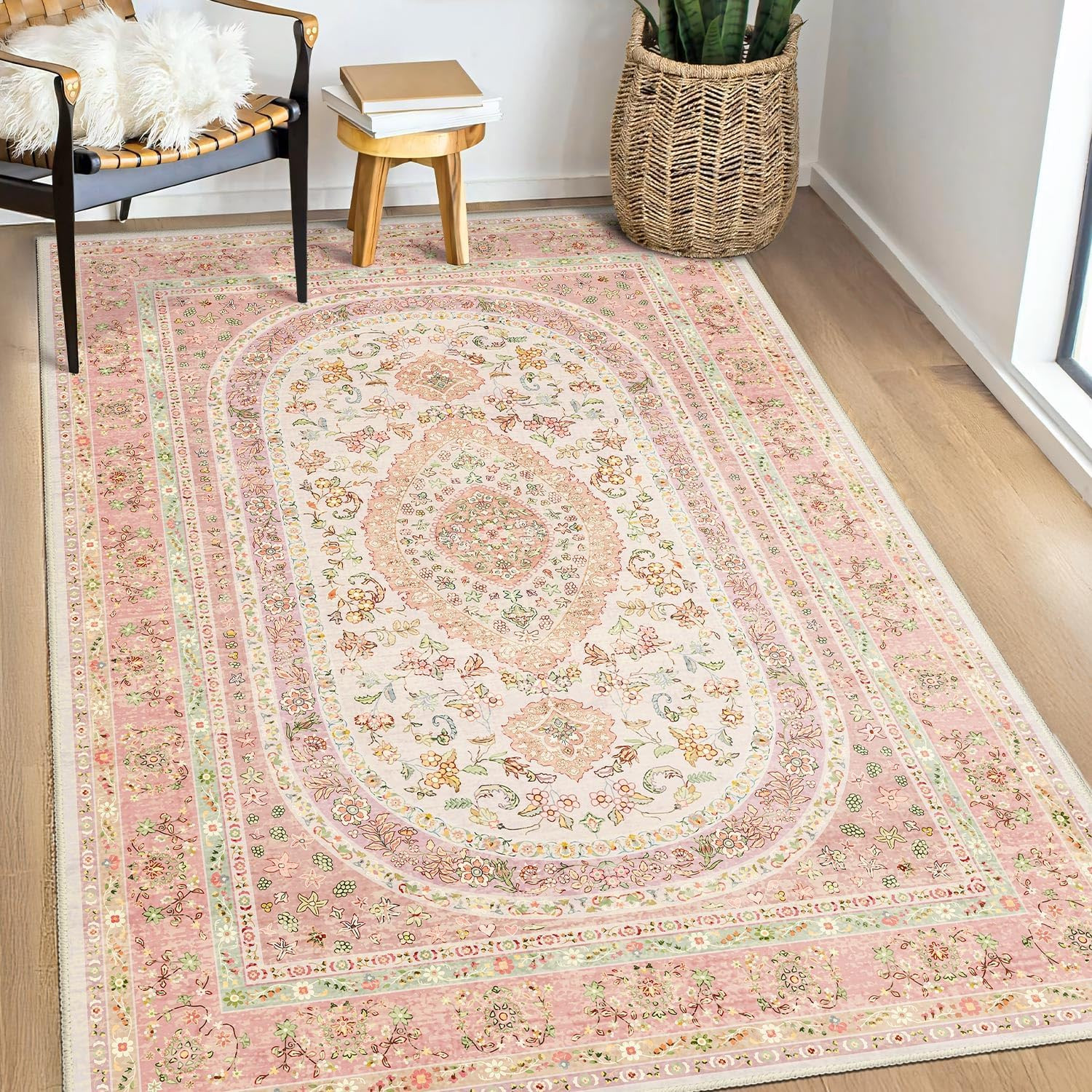 Alfombra rosa de 3 x 5 pulgadas, alfombras lavables estilo bohemio para dormitor