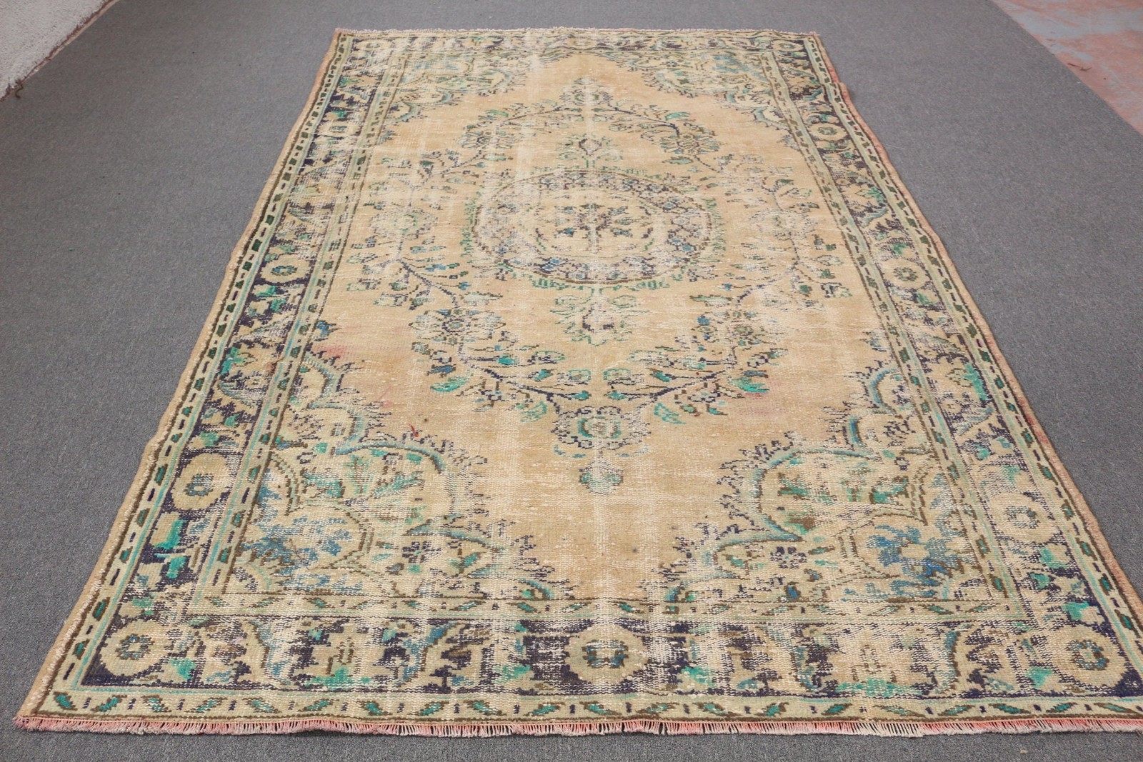 Turkish Rug 6,2×10 ft, Blue Green Ombré Wool Vintage Rug