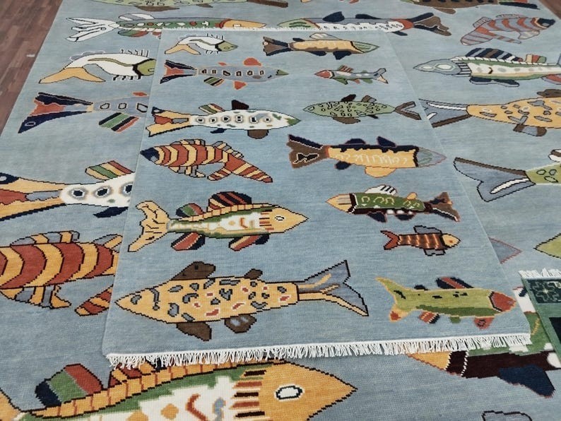 Hand-Knotted Blue Rug with Colorful Fish Coastal Beach House Decor Nautica Rug.