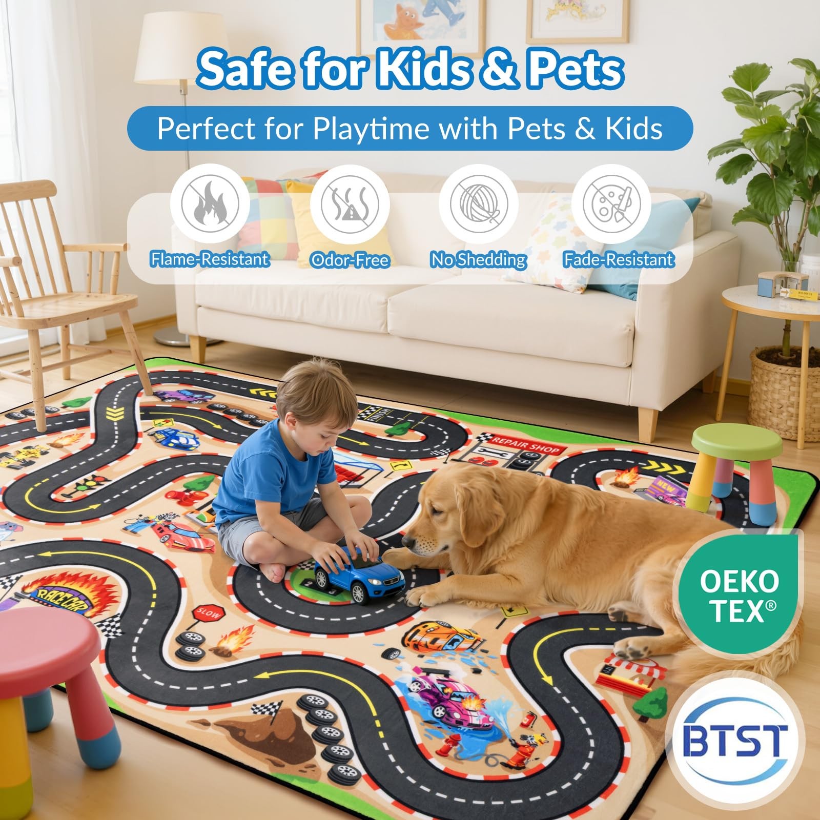 Kids Race Track Rug 6×9 Car Play Mat Road Carpet Soft NonSlip Playroom Nursery