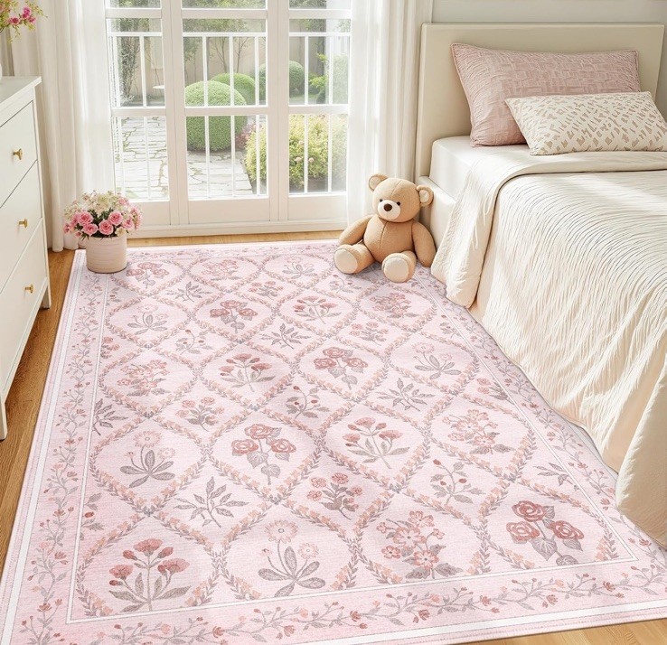 Pink Rug for Bedroom Girls, 5×7 Washable Rug for Floral