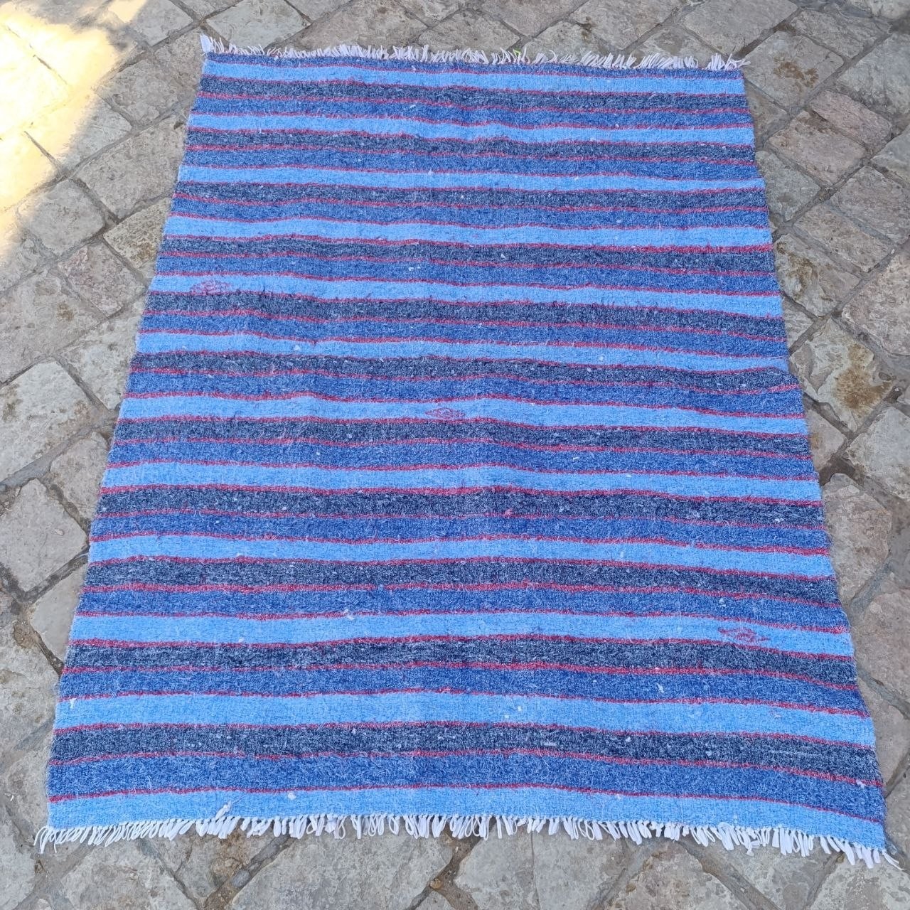 Vintage Algeria saharan Rug Handwoven Berber Blue Striped 79×57 in