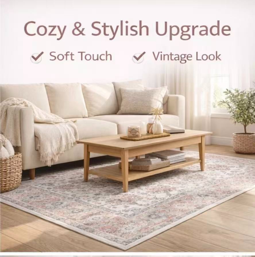 Washable Rug 4×6 Non Slip Vintage Pink Carpet for Living Room Bedroom Kitchen En