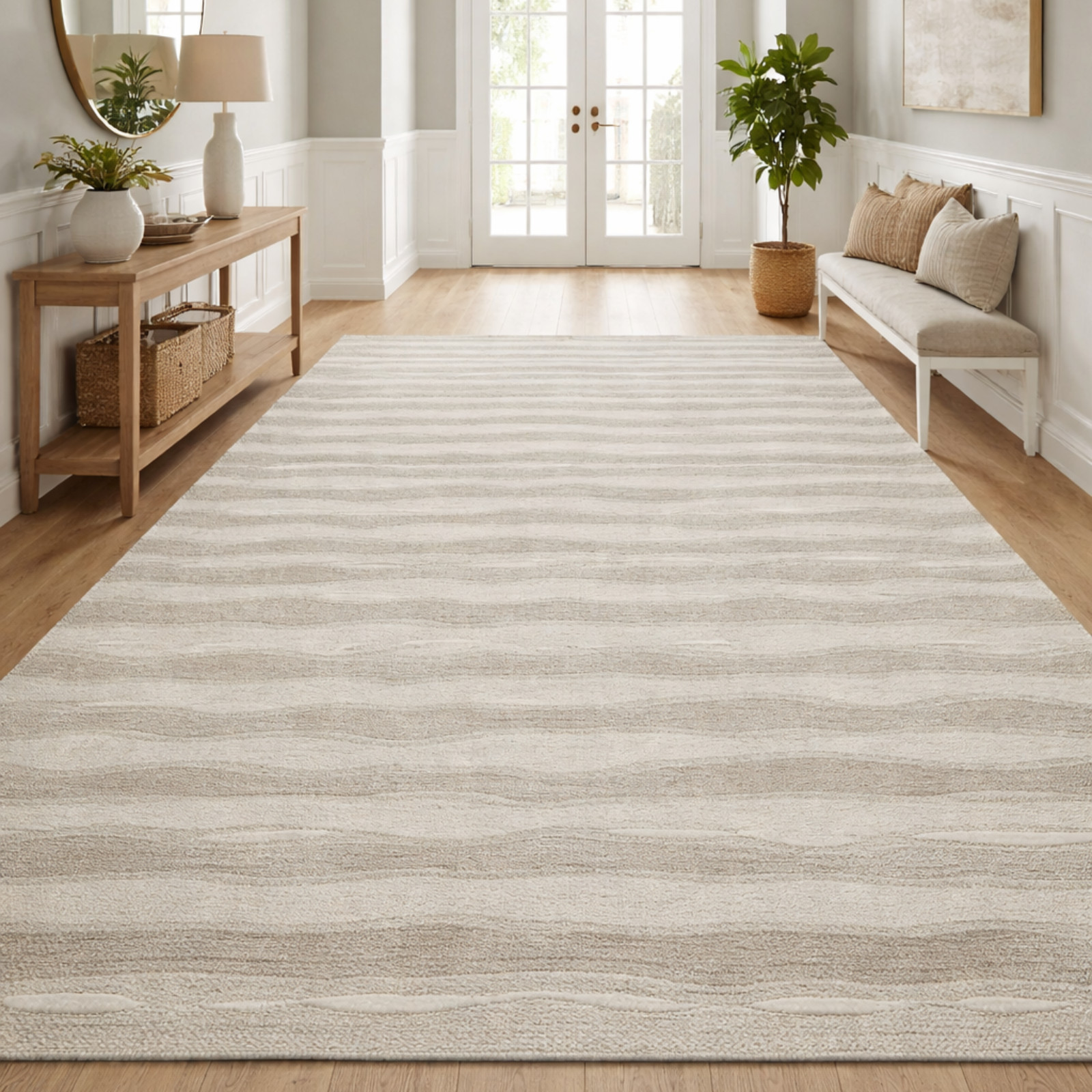 Hand Tufted NZ Wool Area Rug Modern Neutral Striped Carpet Living Room 8×10,9×12