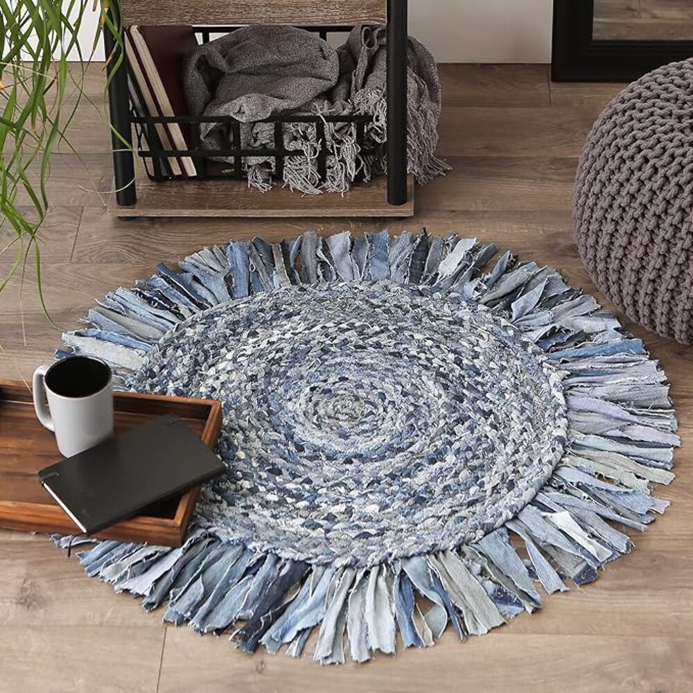 Handmade Blue Denim Round Rug with Fringe – Braided Recycled Fabric Area Rug