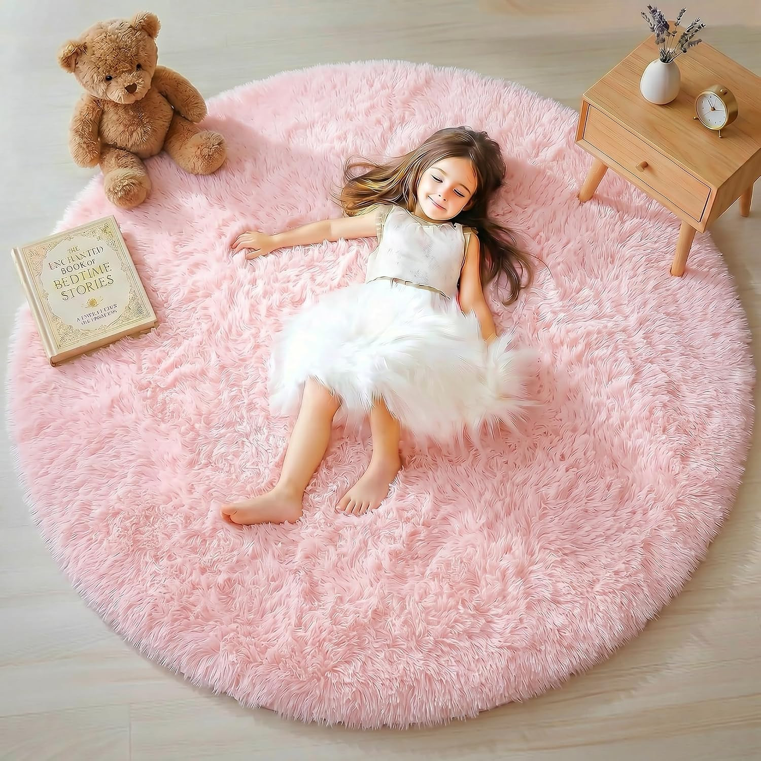 ONASAR Light Pink Fluffy round Rug 4Ft for Girls Bedroom, Circle Area Rugs for K