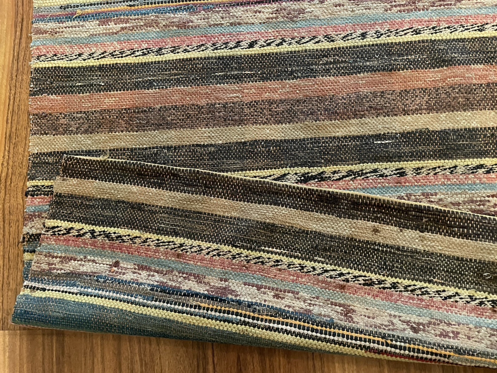 VTG Handmade Woven MCM Rag Rug 89×31 Farmhouse Country Blue Red Black Brown