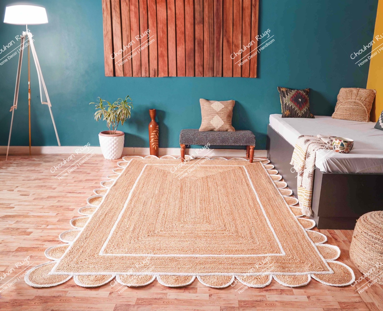 Natural Hand Braided Runner Rug with white scallop Border Hallway, Entryway Rug