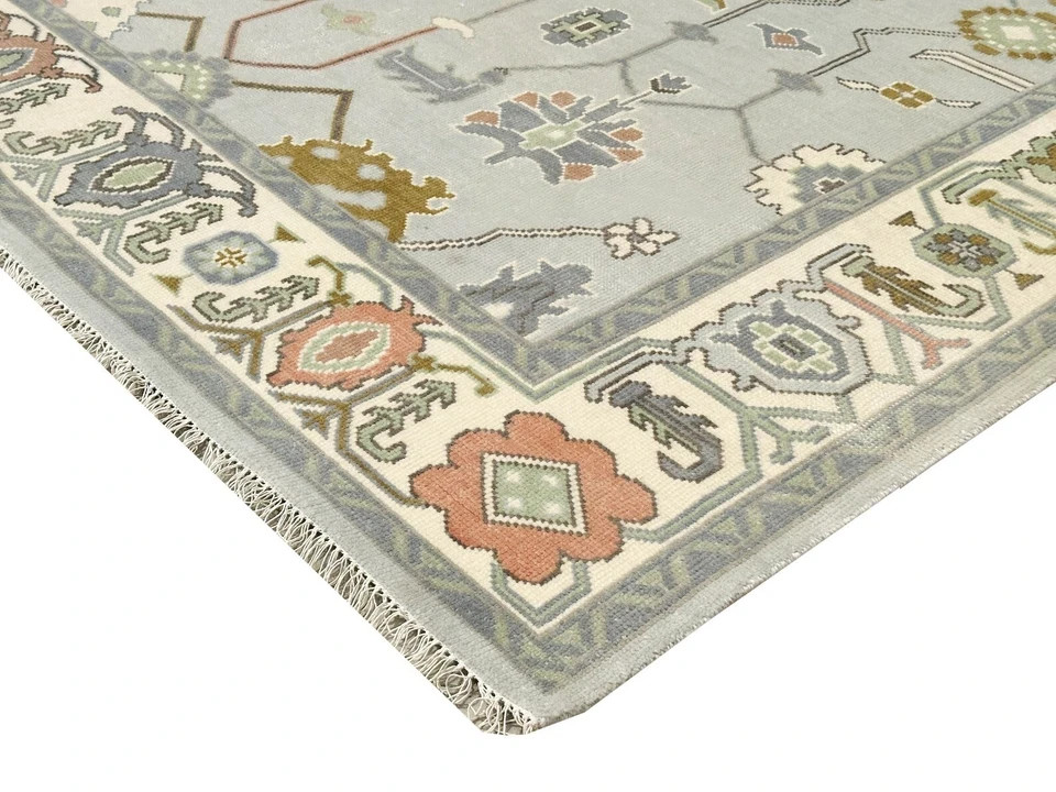 Hand Knotted Oushak Rug Gray Wool Area Rug Turkish Vintage Carpet