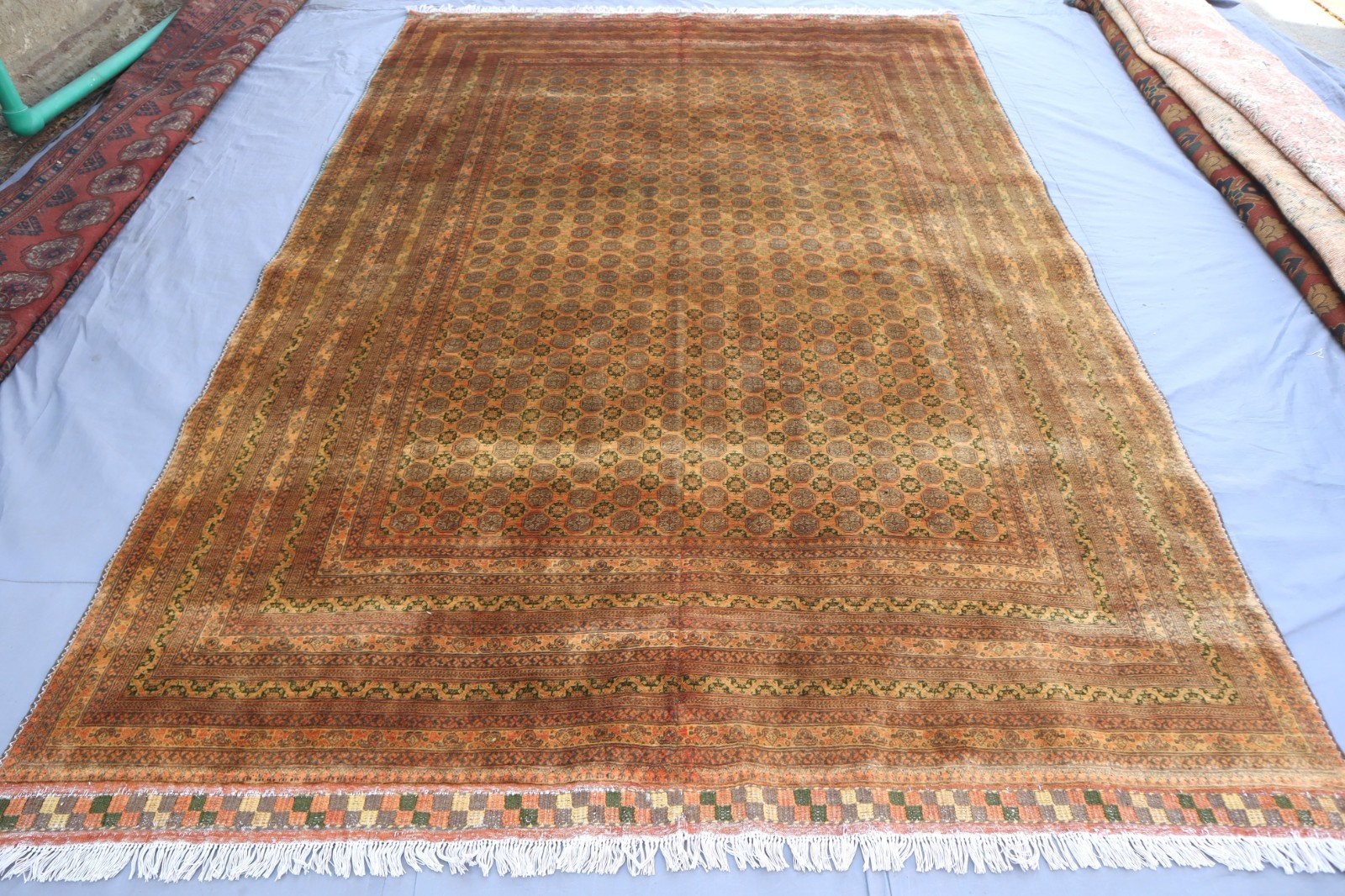 1960s Vintage Handmade Faded Distressed Rug, Saloon Rug, Beige Gray Bedroom Rug