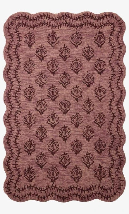 Tufted Wool Blend Rug Scalloped Border Handmade Area Carpet