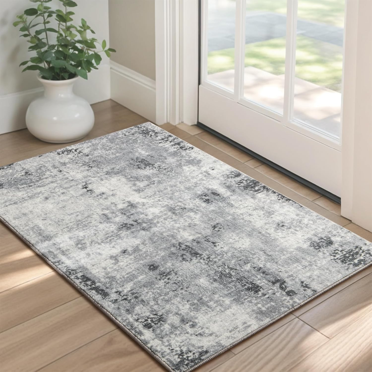 Washable Entryway Rug 2×3, Non-Slip Low Pile Abstract Grey | Non-Slip, Water & S