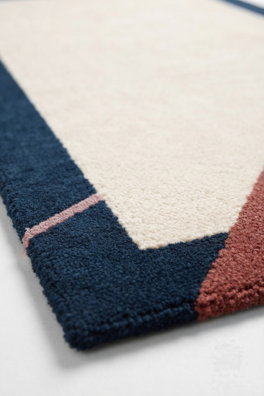 Hand Tufted Wool Area Rug Modern Geometric Ivory Navy Blue Custom Size