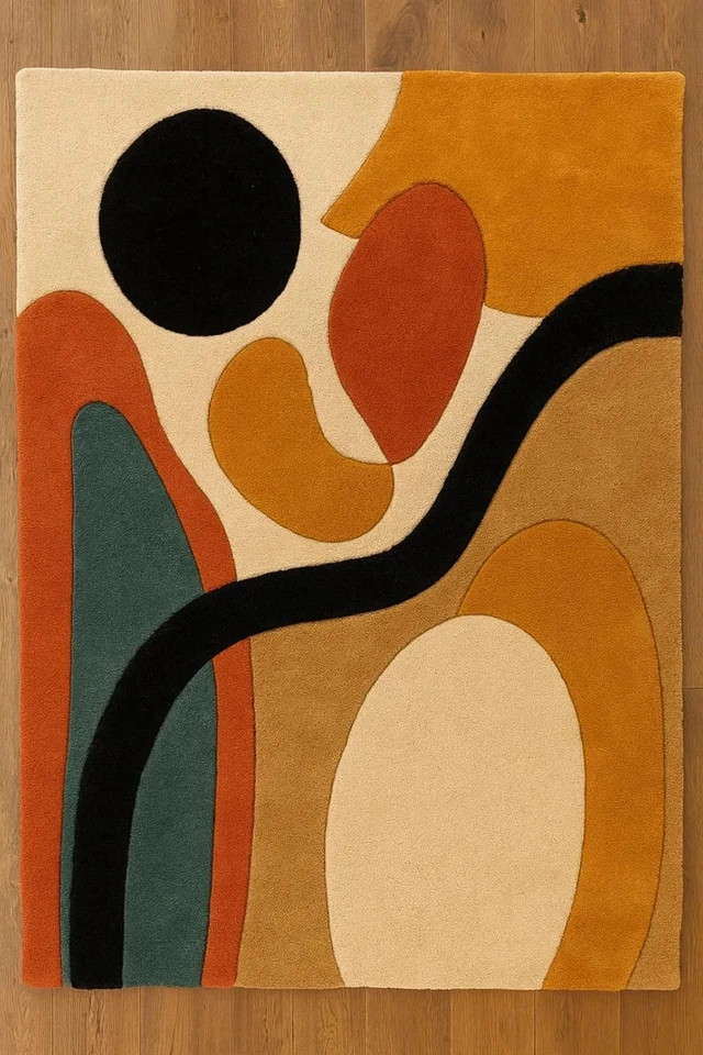 Modern Abstract Wool Rug, Hand Tufted Geometric Colorful Mid-Century Area Rug.