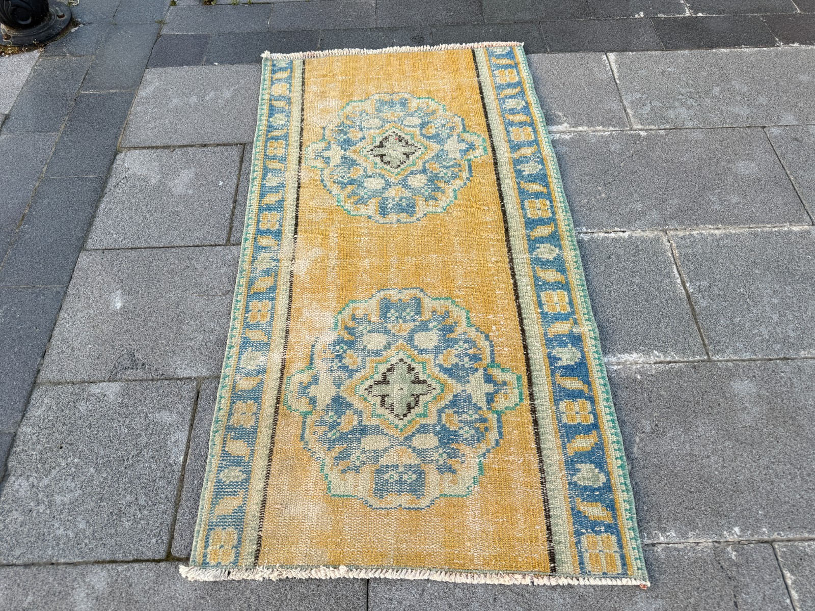 Small Vintage Turkish Oushak Rug 2.2×4.2 ft Yellow Door Mat Kitchen Rug
