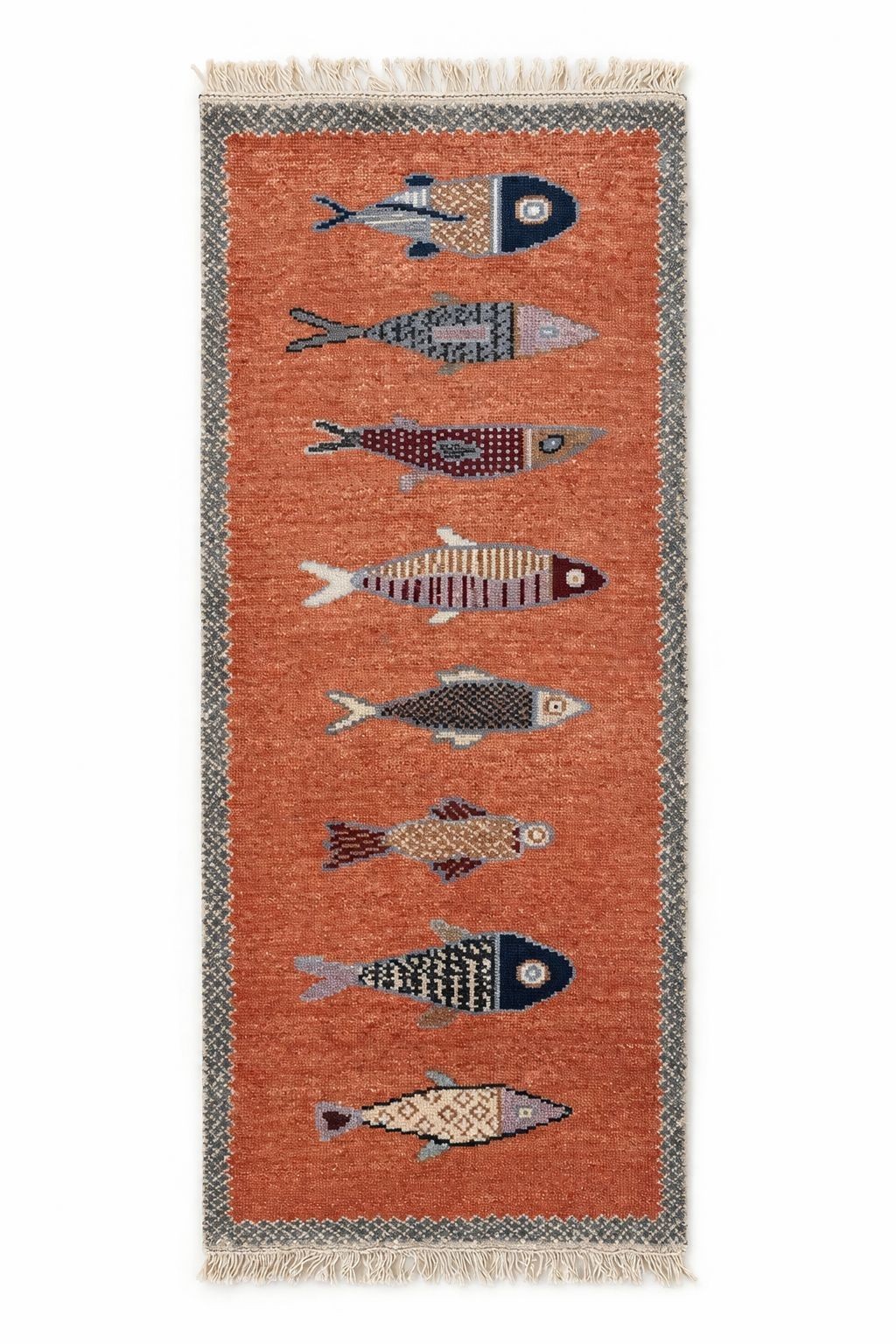 Boho Fish Runner Rug, Coastal Folk Art Carpet, Terracotta Orange Tribal Design