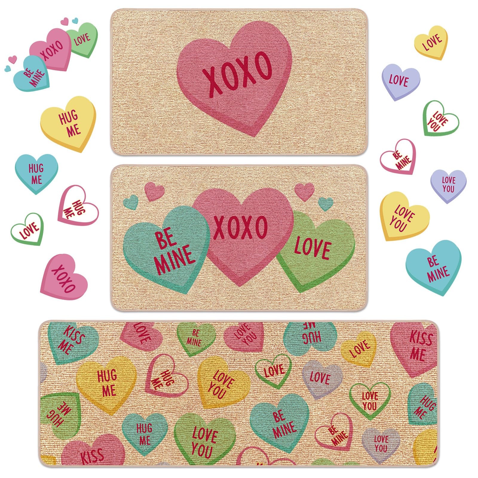 Dunzy 3 Pcs Valentin’s Day Doormat Conversation Heart Door Mat with Anti-Slip Ru