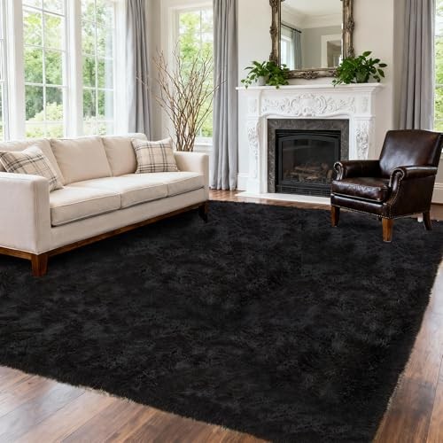 Large Shag Area Rugs 5×7 for Living Room, Ultra Soft Fluffy Black Rugs for
