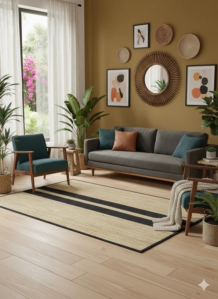 Natural Jute Rug Black Stripe Handmade Modern Rug Area Carpet Rustic Home Decor