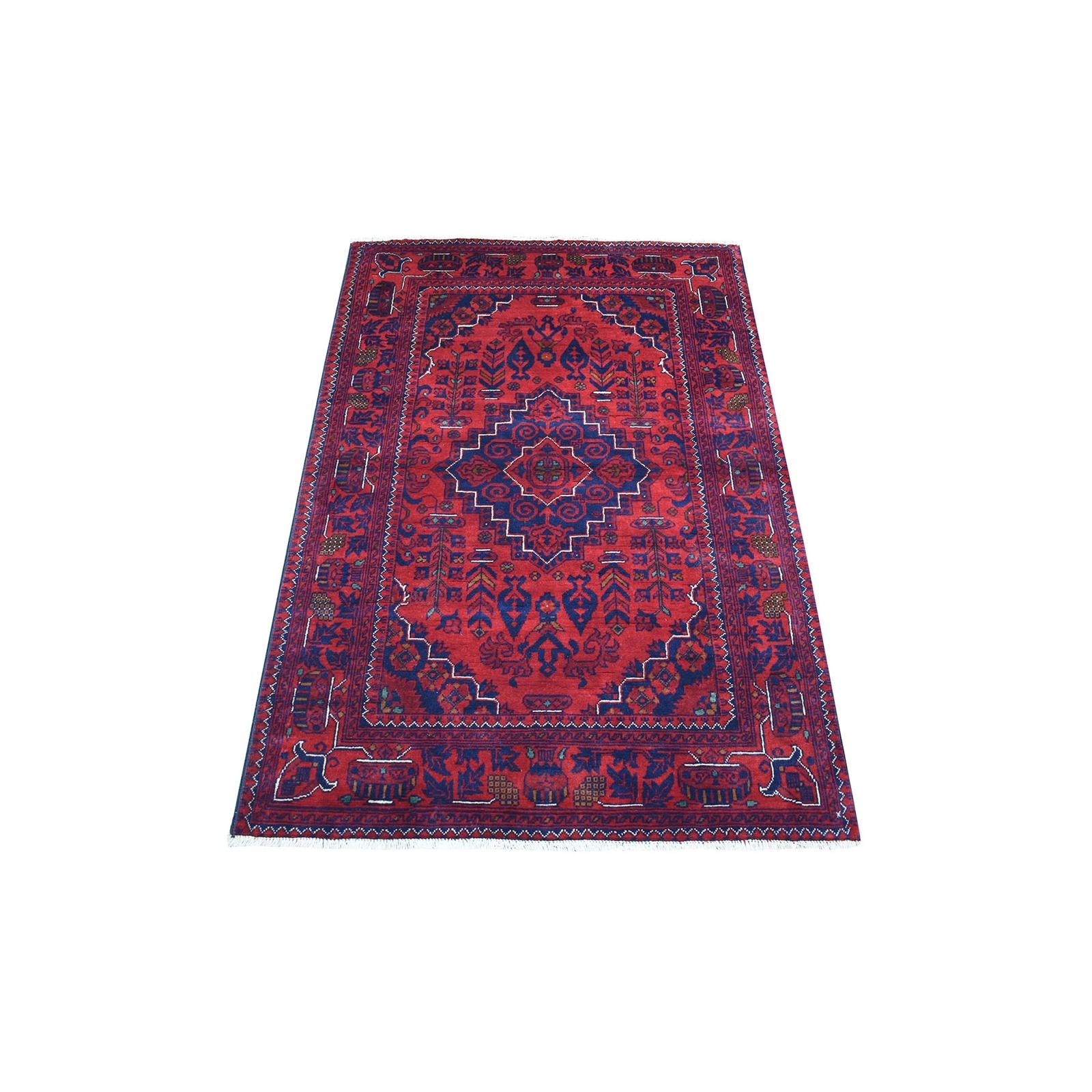 3’3″x4’8″ Afghan Khamyab Wool Hand Knotted Deep and Saturated Red Rug R67816