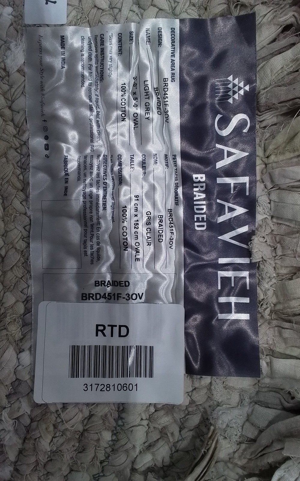 LIGHT GREY 3′-0″ x 5′-0″ Broken Thread Rug, Reduced Price 3172810601 BRD451F-3OV