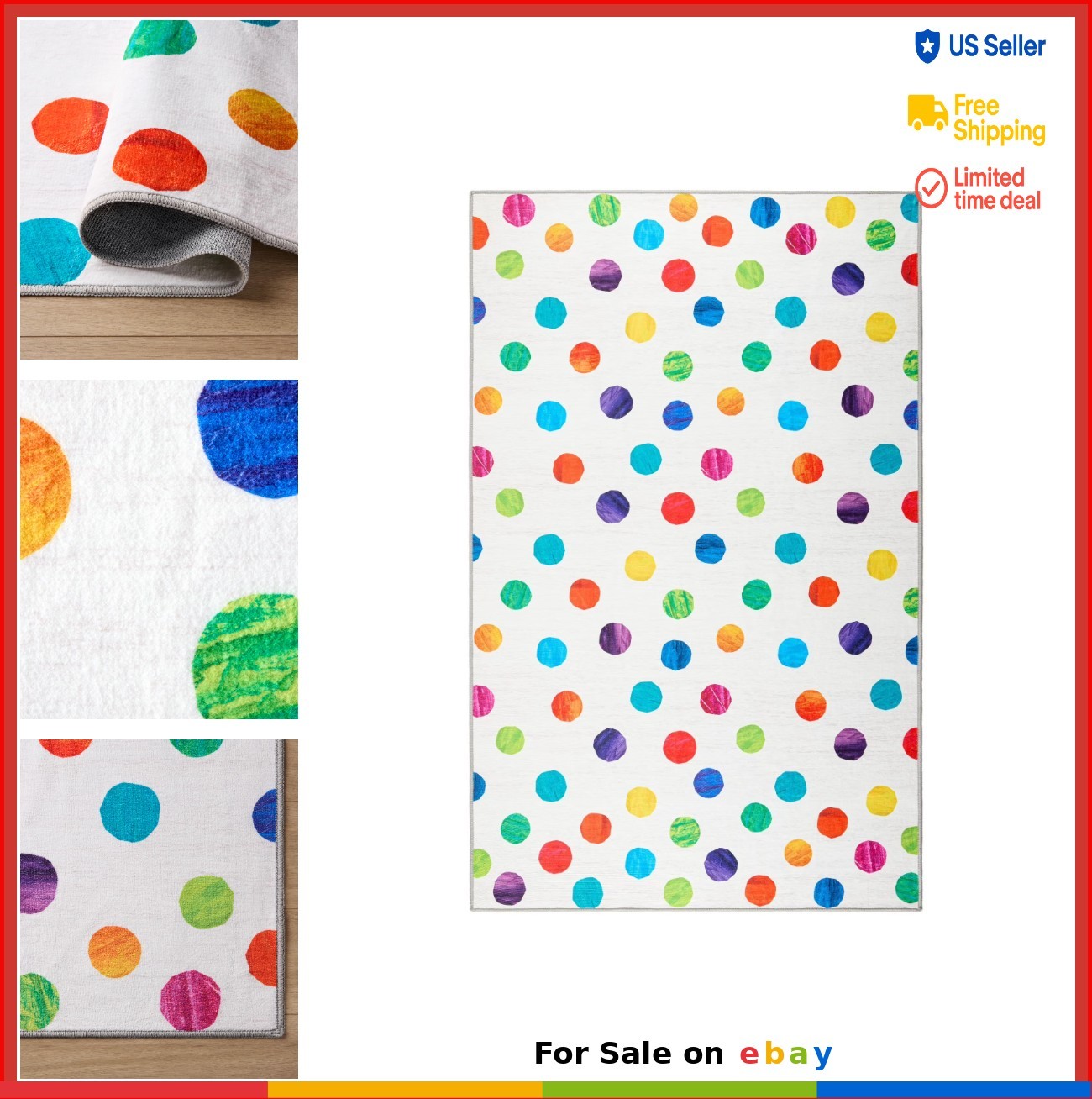 Childrens Area Rug 4×6 Feet Polka Dot Washable Non Skid Playroom Classroom